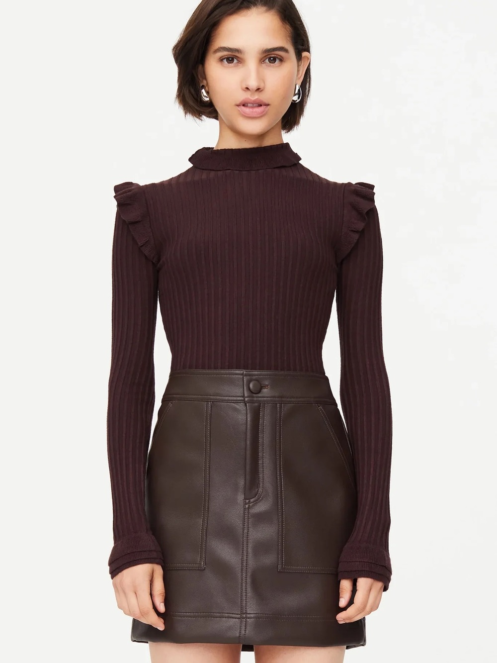 Marie Oliver Tinley Turtleneck Ruffle Ribbed Sweater – Brown – Size XS
